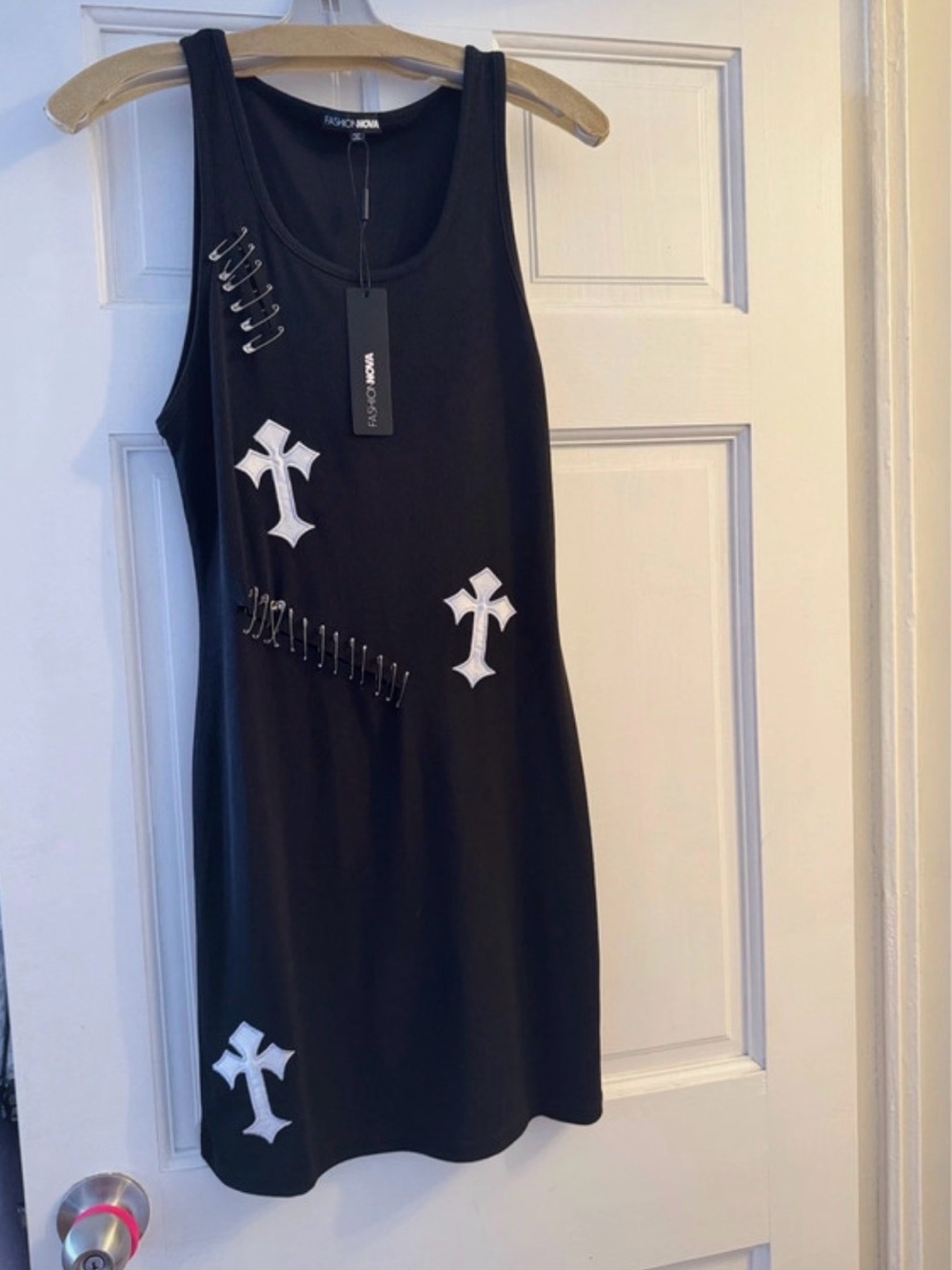 Fashion Nova Black Tank Dress with White Cross Appliques